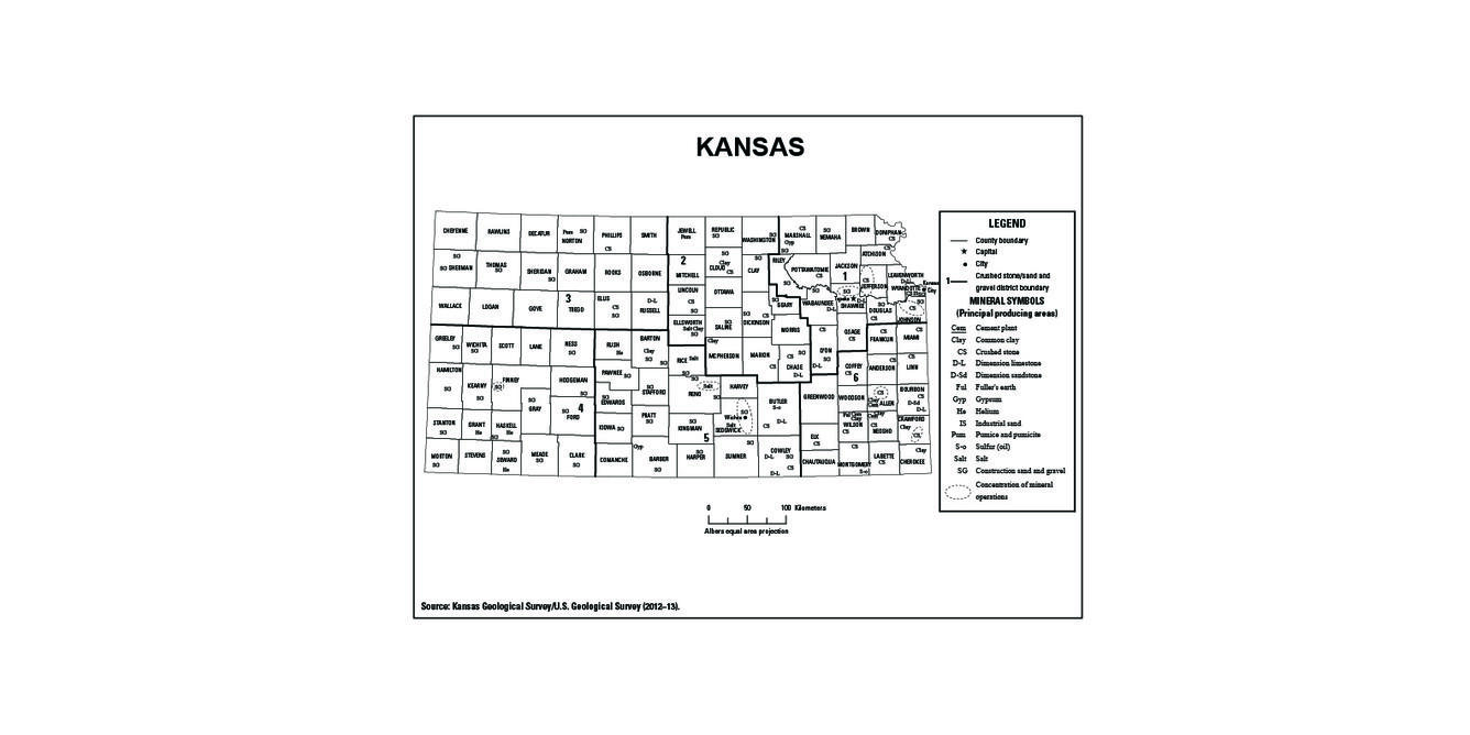Screenshot of Kansas mineral commodity producing areas map from 2012-2013 Minerals Yearbook