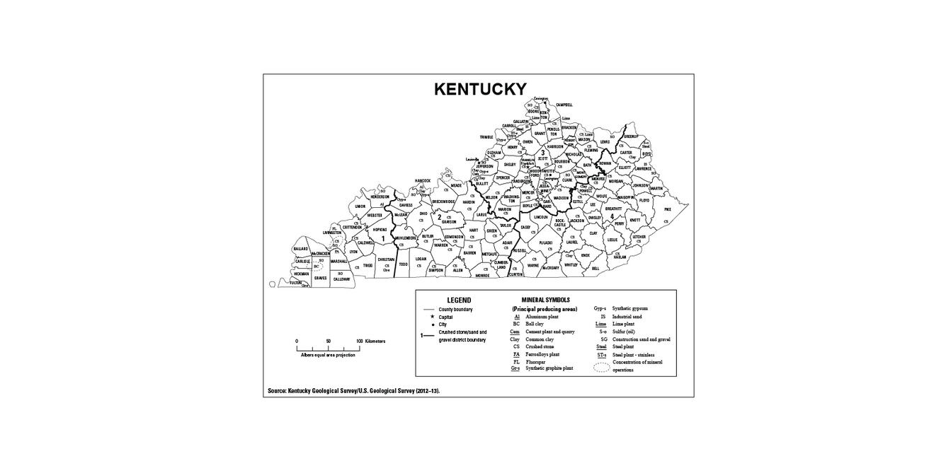 Screenshot of Kentucky mineral commodity producing areas map from 2012-2013 Minerals Yearbook