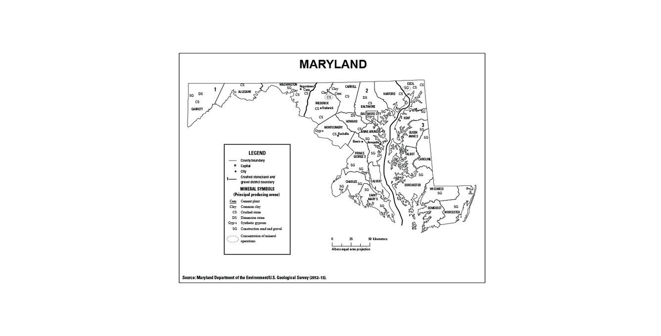 Screenshot of Maryland mineral commodity producing areas map from 2012-2013 Minerals Yearbook