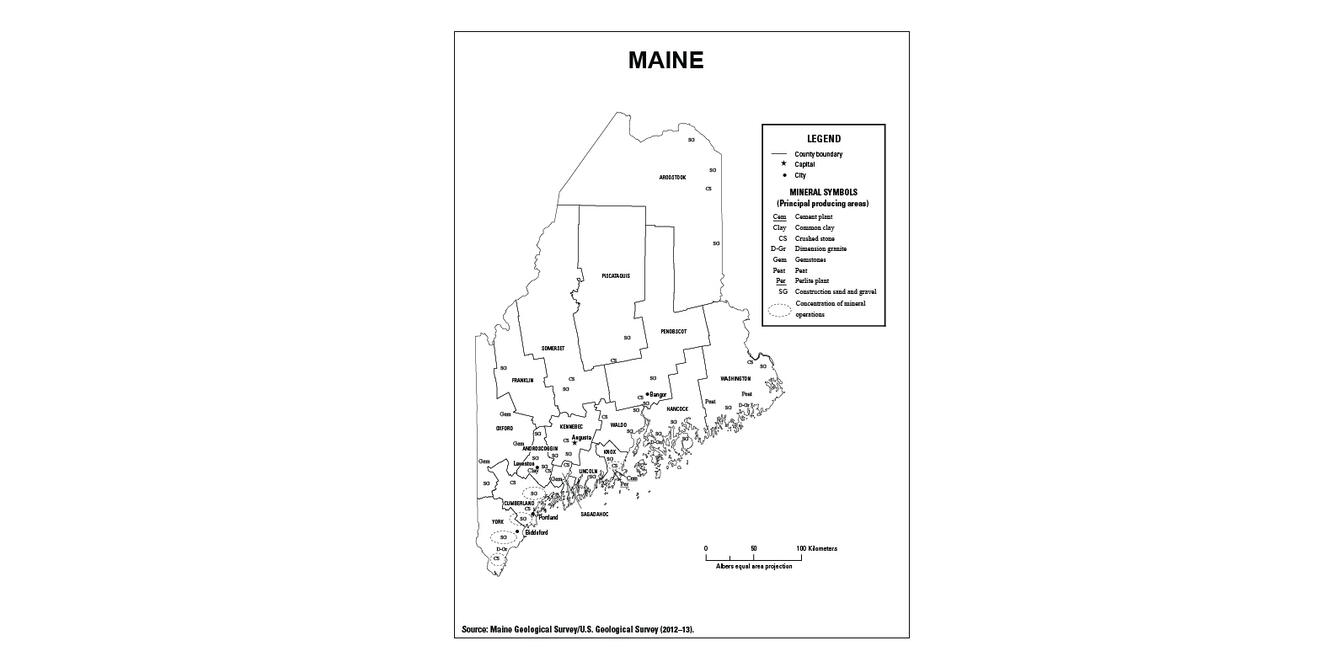 Screenshot of Maine mineral commodity producing areas map from 2012-2013 Minerals Yearbook