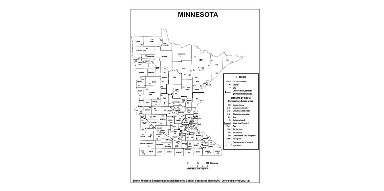 Screenshot of Minnesota mineral commodity producing areas map from 2012-2013 Minerals Yearbook