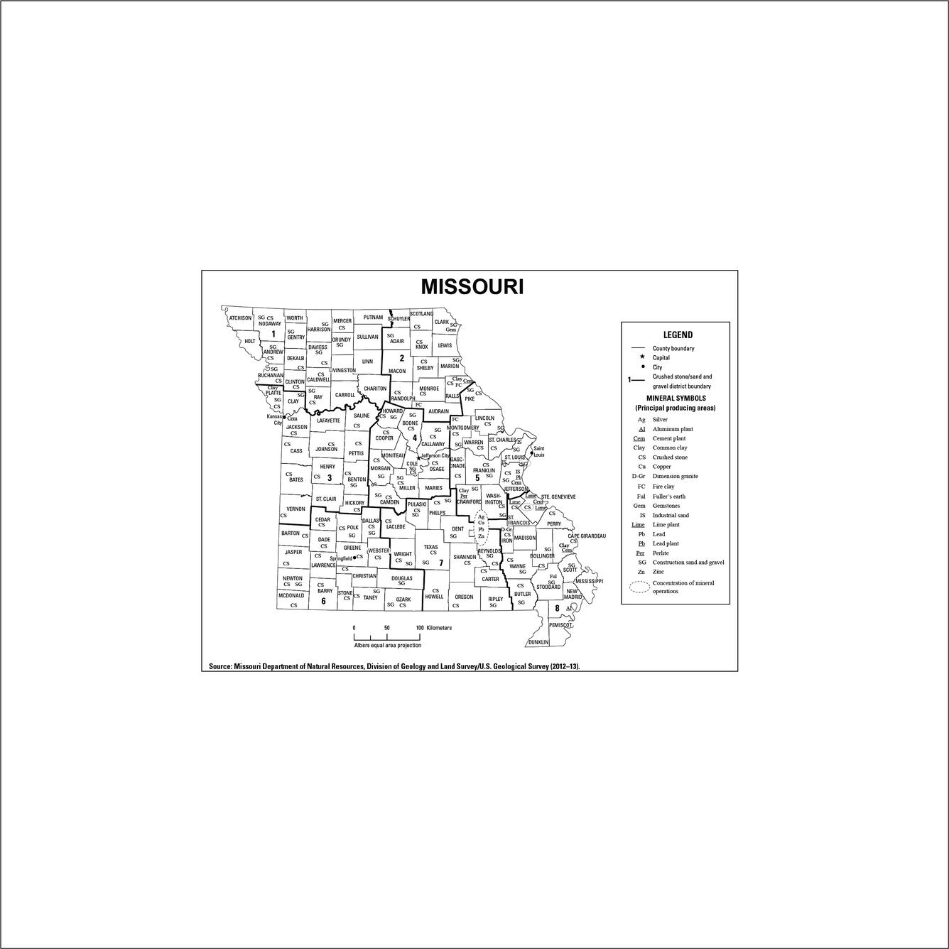 Illustration of principal major mineral commodity producing areas of Missouri