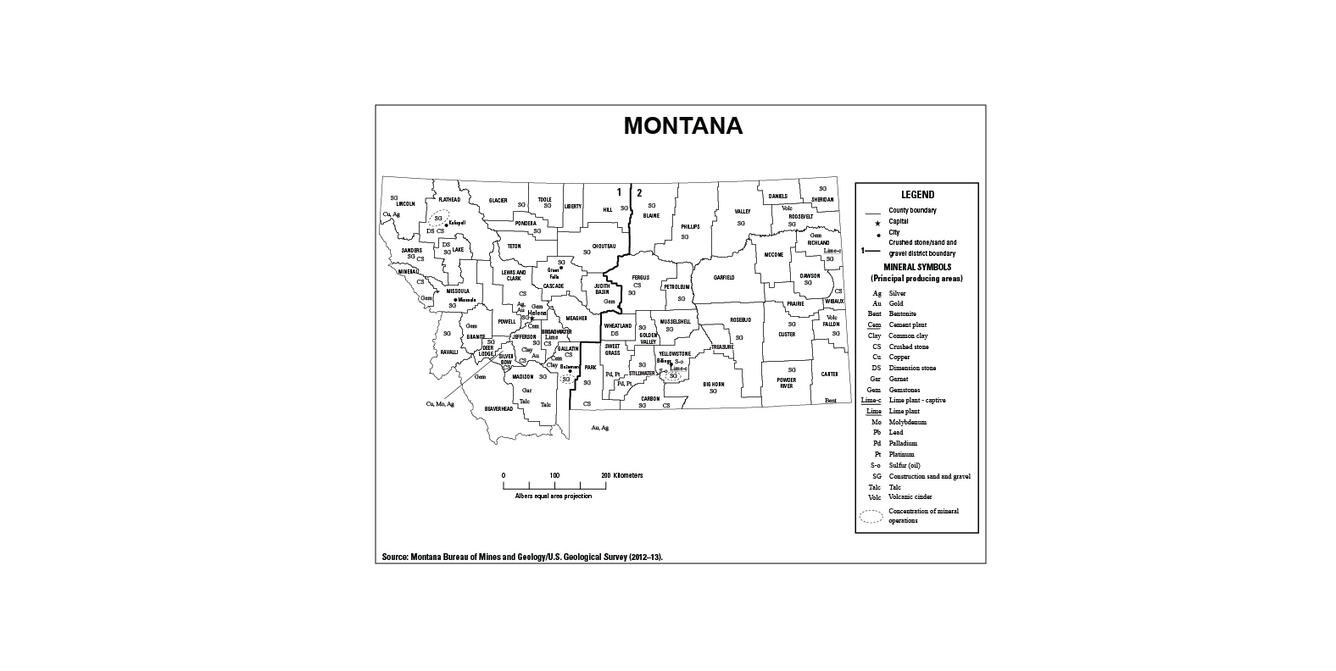 Screenshot of Montana mineral commodity producing areas map from 2012-2013 Minerals Yearbook