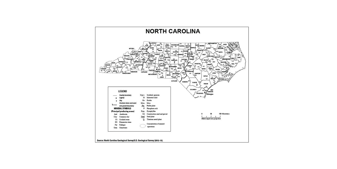 Screenshot of North Carolina mineral commodity producing areas map from 2012-2013 Minerals Yearbook