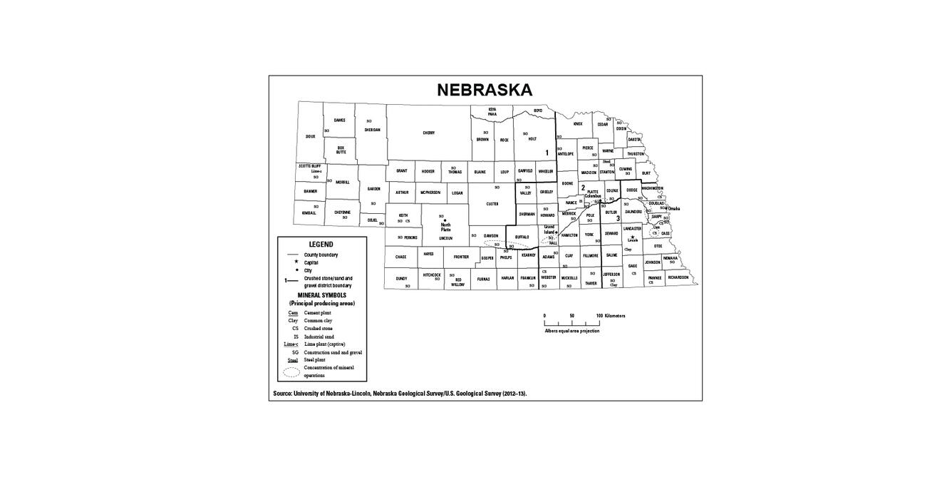 Screenshot of Nebraska mineral commodity producing areas map from 2012-2013 Minerals Yearbook