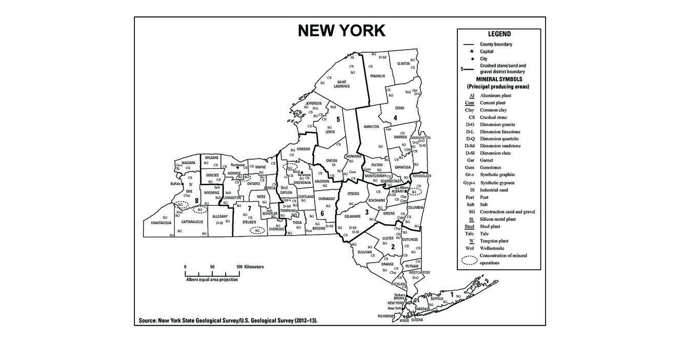 image of map taken from New York Minerals Yearbook that shows major mineral commodities