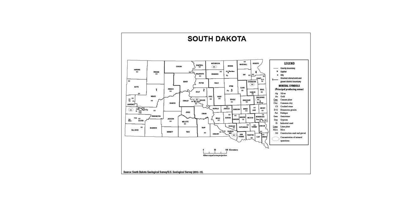 Screenshot of South Dakota mineral commodity producing areas map from 2012-2013 Minerals Yearbook