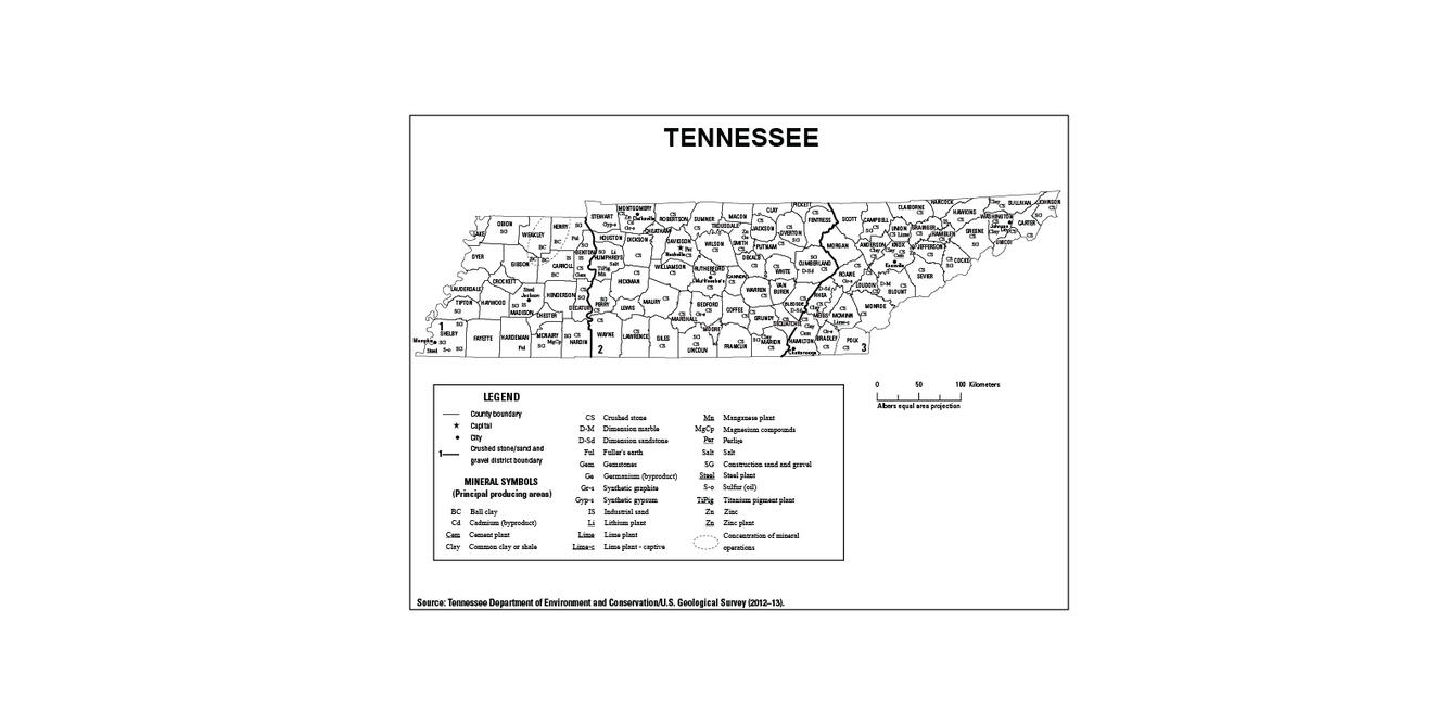 Screenshot of Tennessee mineral commodity producing areas map from 2012-2013 Minerals Yearbook