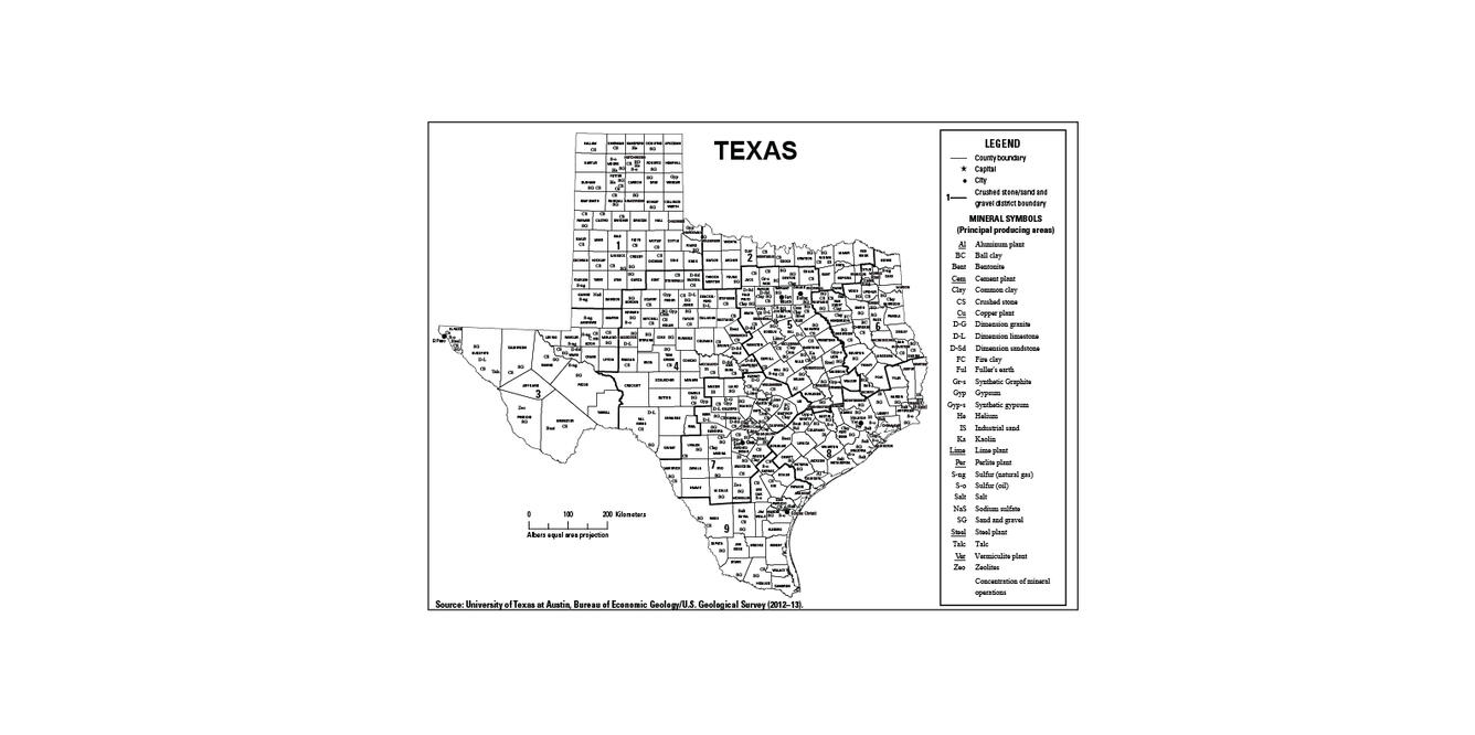 Screenshot of Texas mineral commodity producing areas map from 2012-2013 Minerals Yearbook