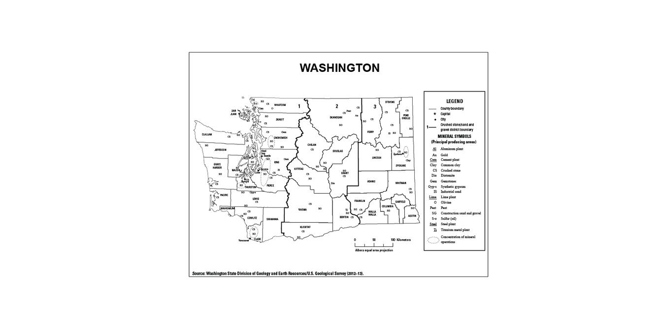 Screenshot of Washington mineral commodity producing areas map from 2012-2013 Minerals Yearbook