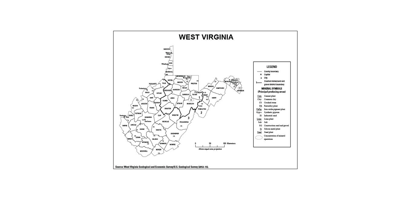 Screenshot of West Virginia mineral commodity producing areas map from 2012-2013 Minerals Yearbook