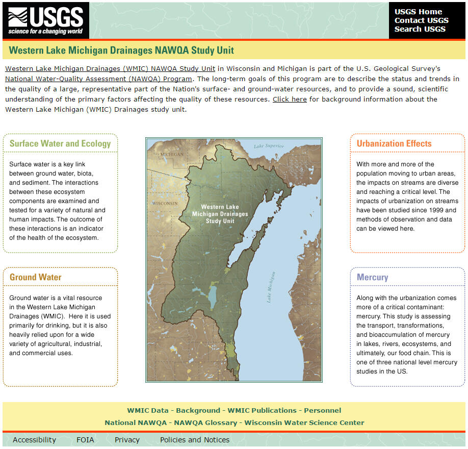 Screenshot of the homepage of the "Western Lake Michigan Drainages (WMIC) NAWQA Study Unit" archived website