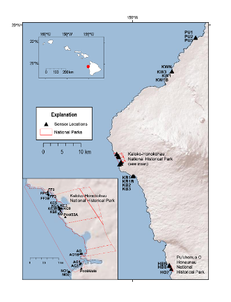Simple map showing the edge of an island and water with labels showing locations where data samples were collected.