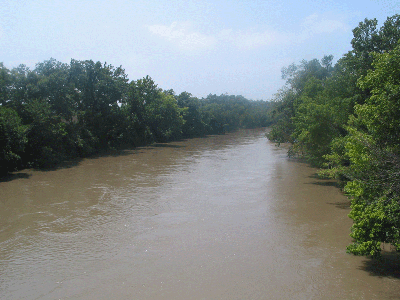 Neosho River deep brown from sediment and above its banks with green trees