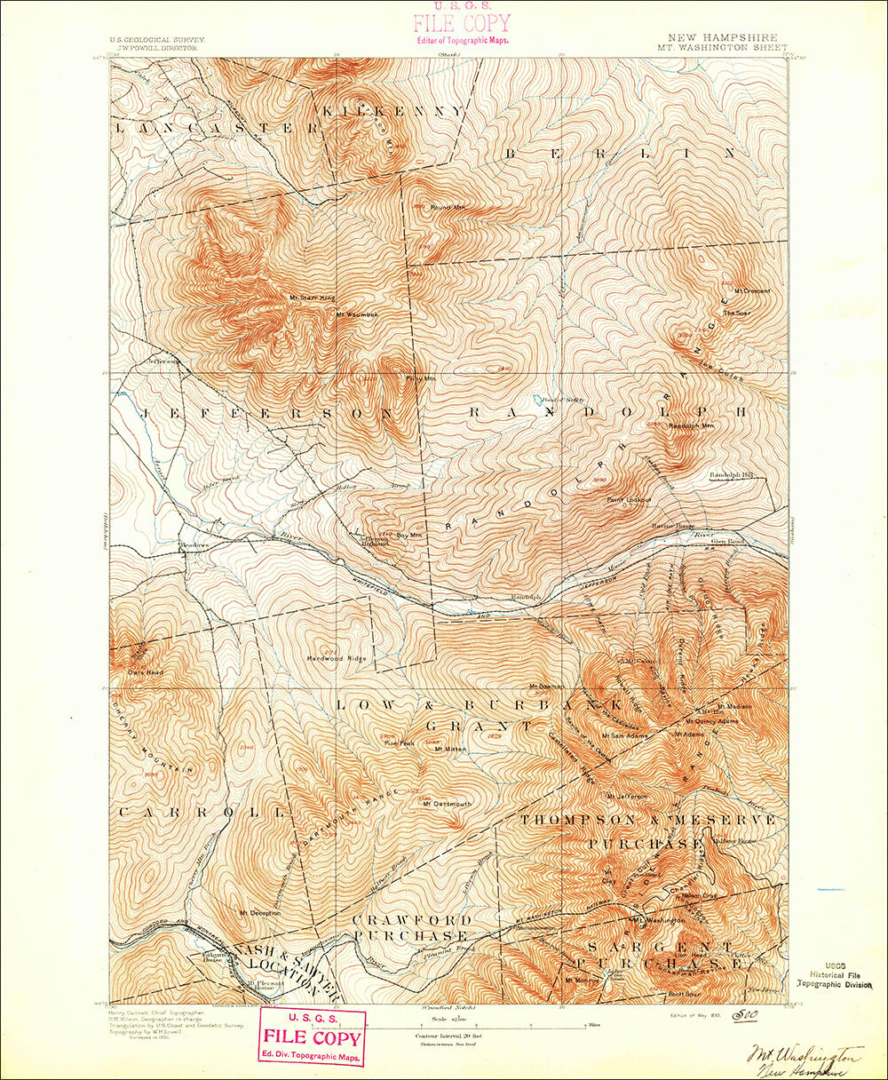 Scan of the 1893 USGS quadrangle of the Mount Washington, New Hampshire area
