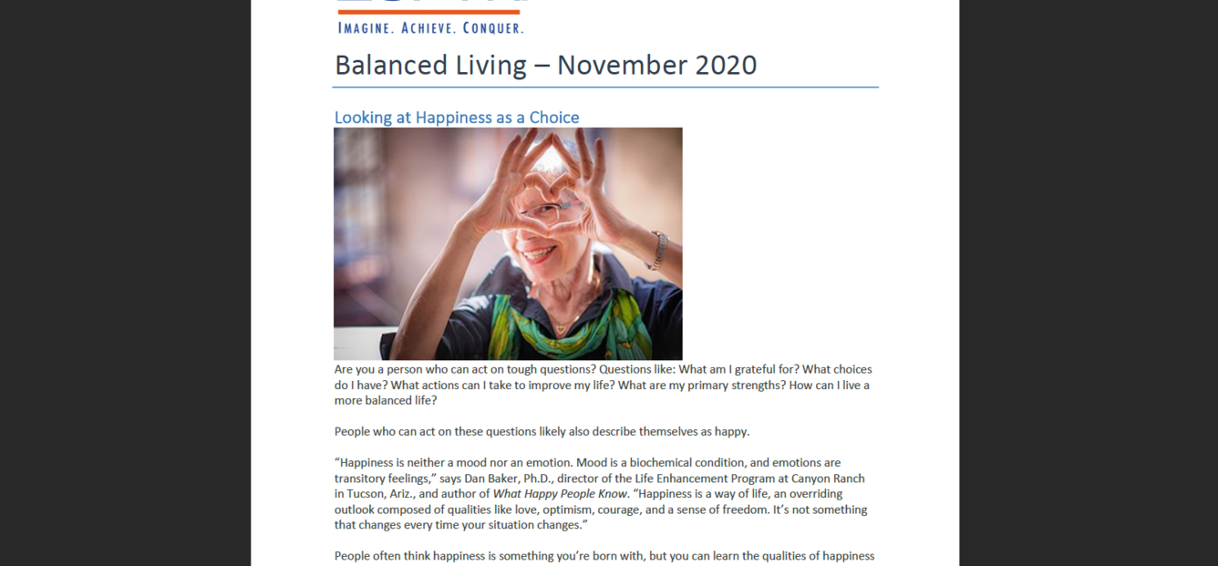 Balanced Living Newsletter November 2020 front cover