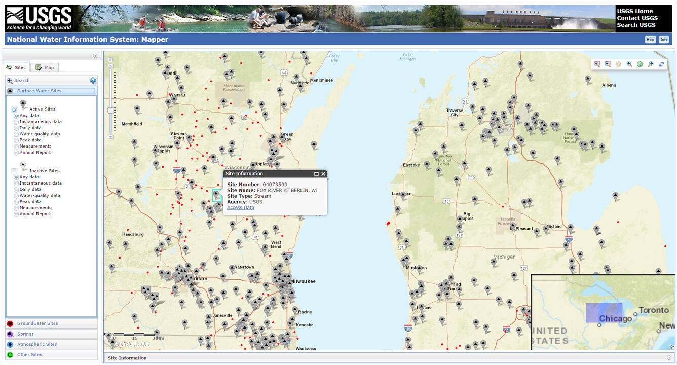 Screenshot of USGS National Water Information System (NWIS) mapper