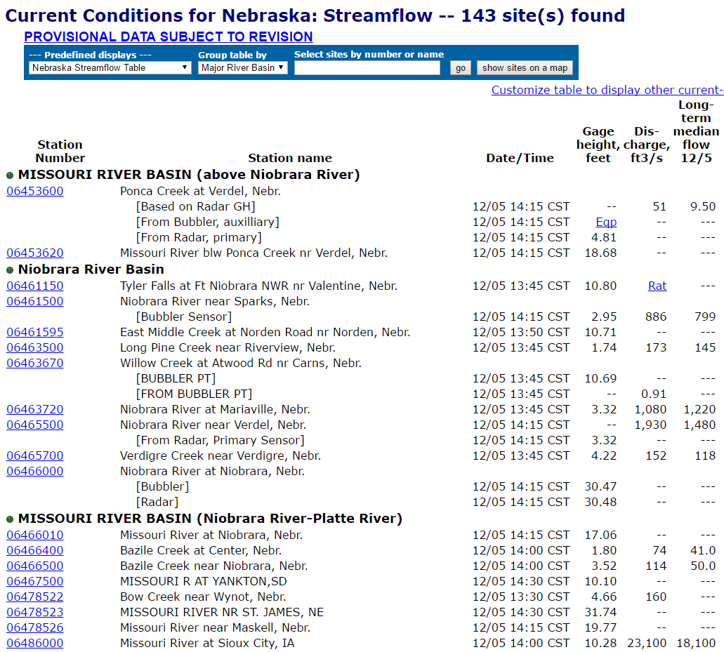 Screen shot of NWIS real-time sites for Nebraska