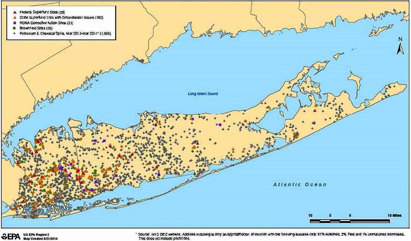map of Long Island with multicolored dots