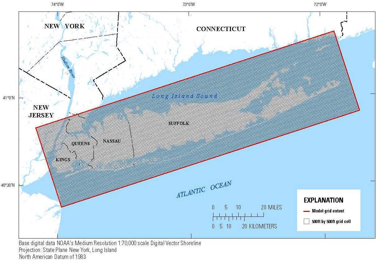 map of Long Island with a model grid extent