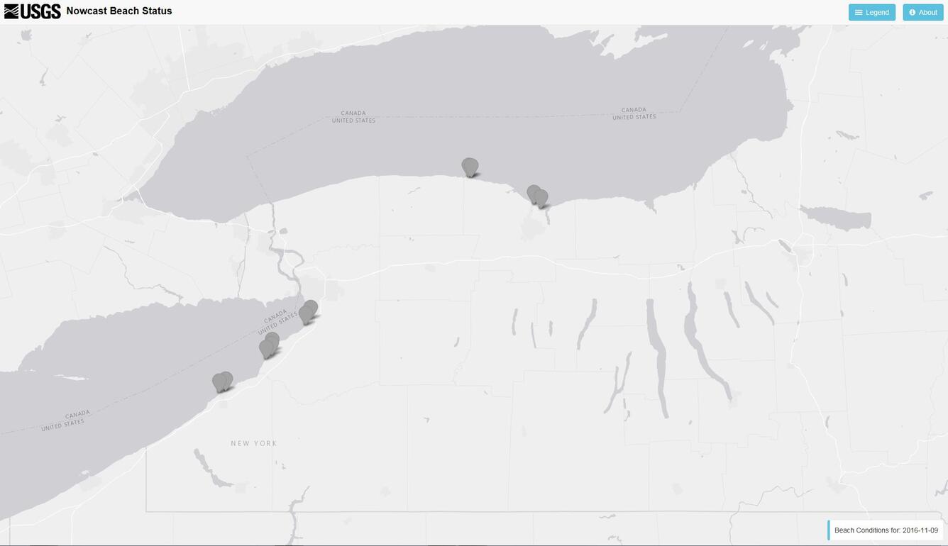 map of beach status of Lake Ontario and Lake Erie in New York