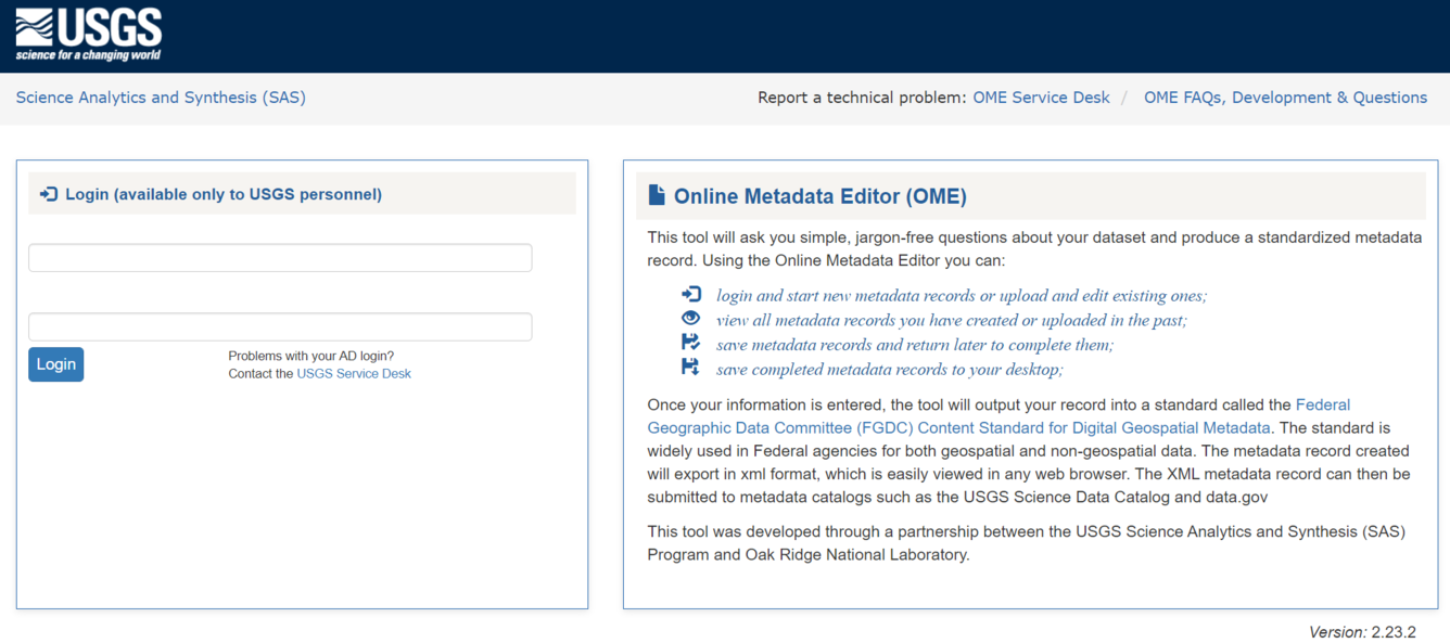Screencrap of the Online Metadata Editor login screen