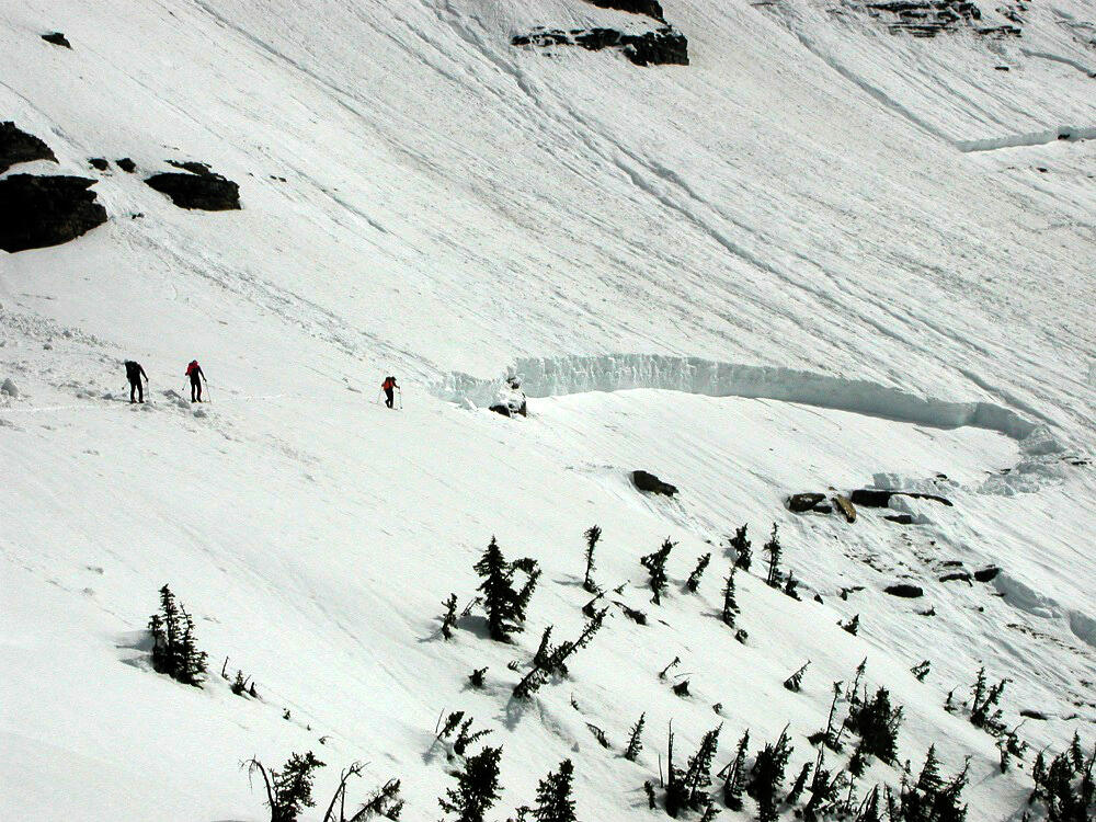 Skiers approach avalanche start zone