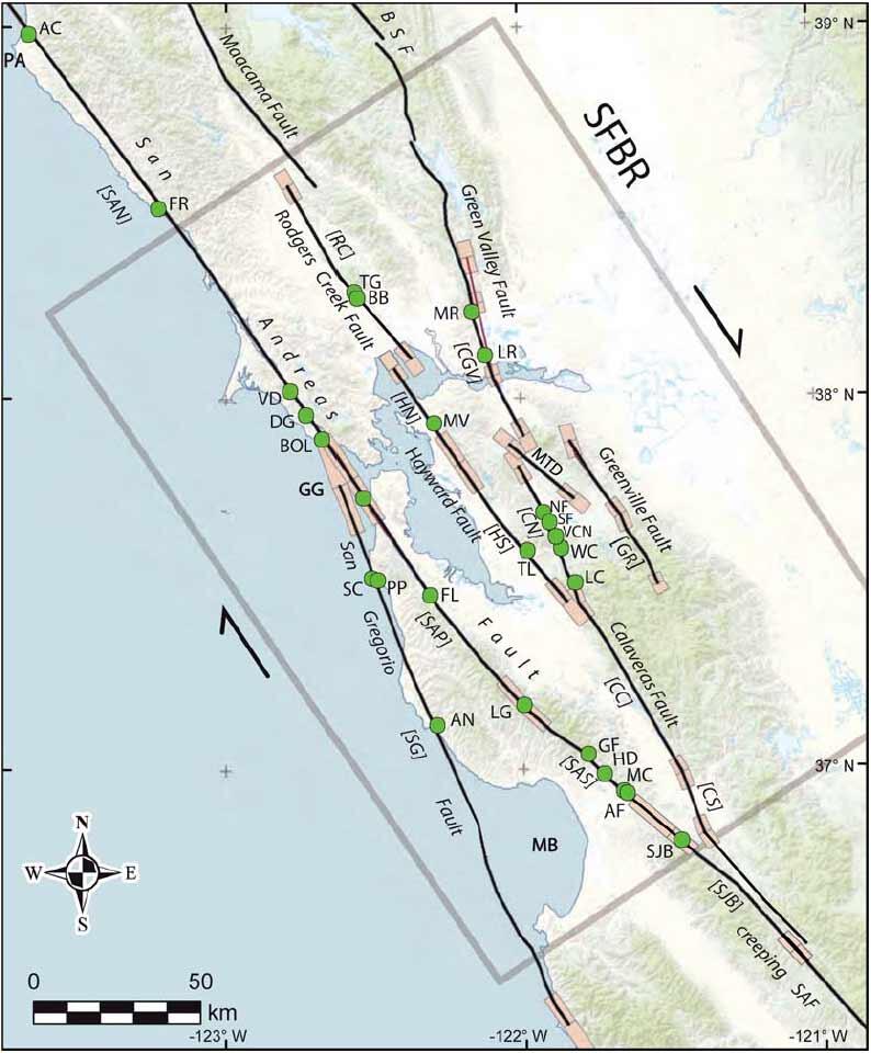 Locations at Which Paleoseismological Studies Have Been Completed Along Principal Faults in the San Francisco Bay Area