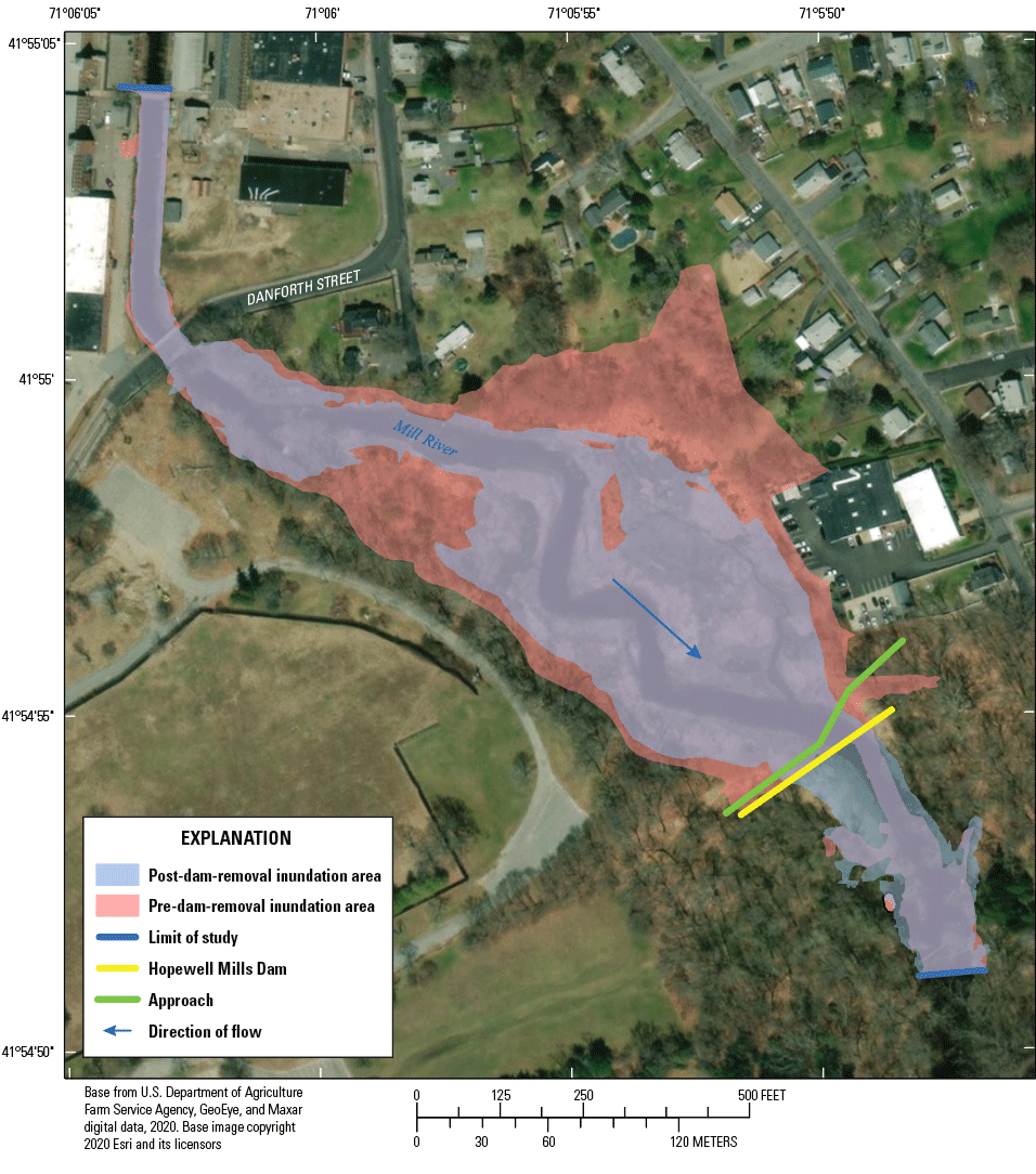 Map showing Inundation areas at the Hopewell Mills Dam study site, Taunton, Massachusetts