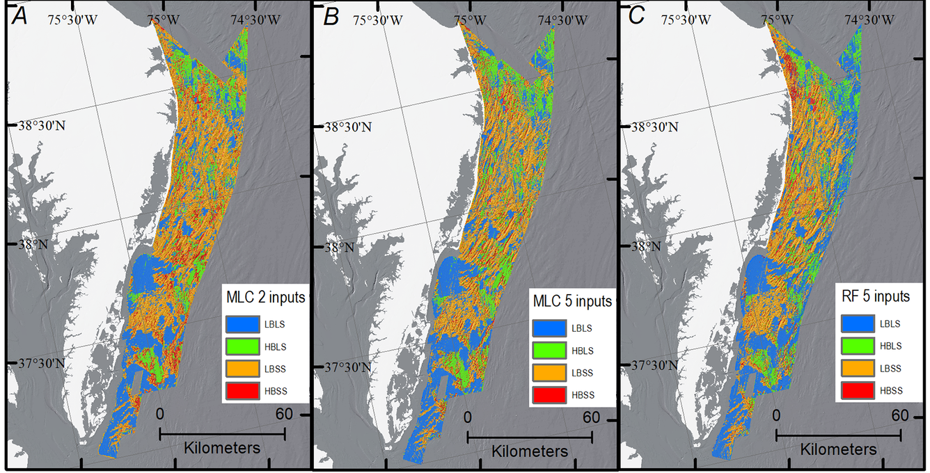 Backscatter, bathymetry, and hill shaded relief maps