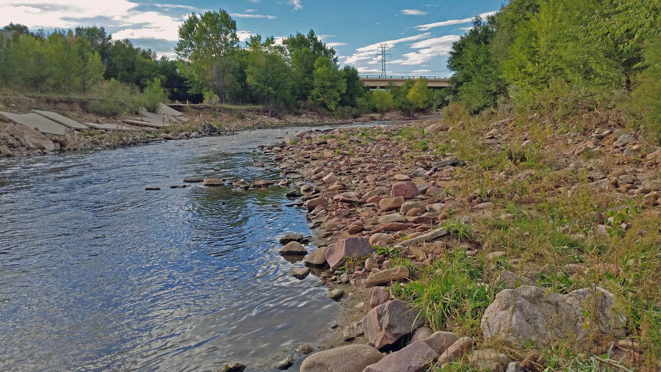 Looking upstream at Janitel Road Bridge, Fountain Creek in Colorado Springs, CO.  Flood damage from Aug.23, 2016 flood.