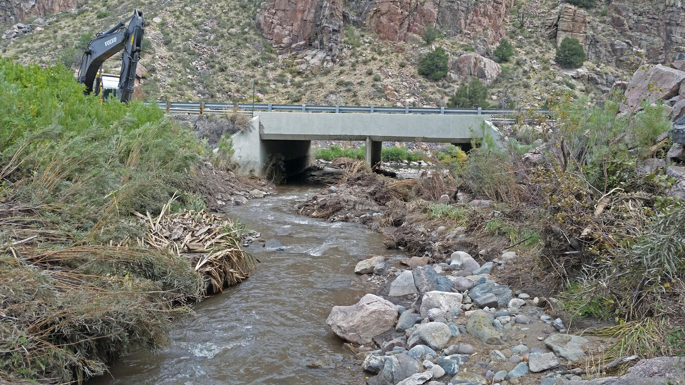 Looking downstream along Fountain Creek, CO at the US Highway 50 bridge culvert after Aug. 23, 2016 flood 
