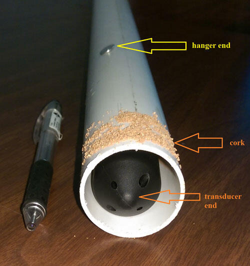 Pressure transducer attached to 1¼-inch diameter PVC pipe