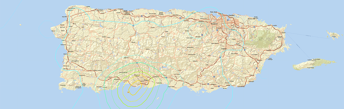 A map of the magnitude 5.4 Earthquake Felt in Puerto Rico showing it hit about six miles offshore on the south side of island