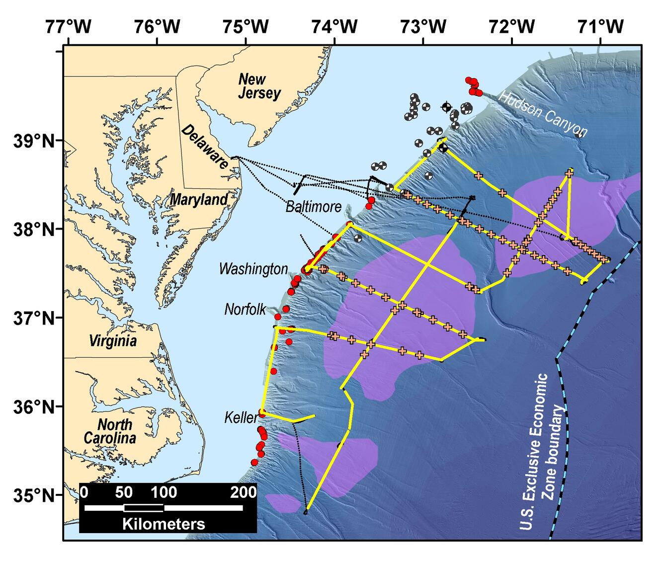 Image shows a map of the U.S. Mid-Atlantic Margin with line showing the seismic tracklines followed during the research cruise.