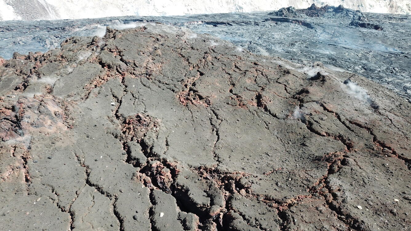 close-up Unoccupied Aircraft System (UAS) photo of the main island within the Halema‘uma‘u lava lake