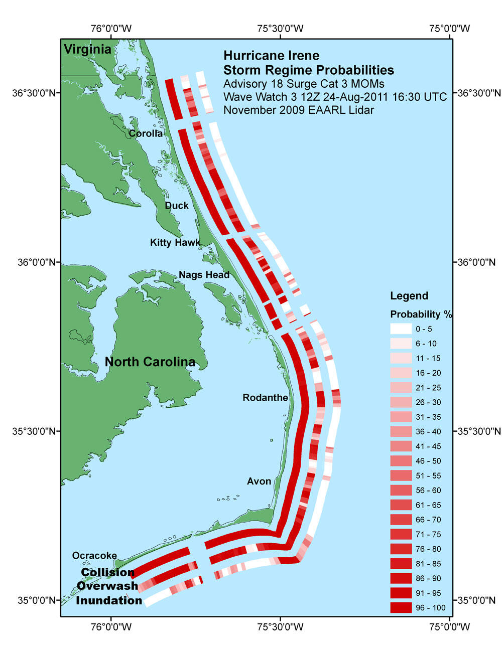 Map of the North Carolina coast with three bands of red, pink, and white segments along the coast with danger probabilities