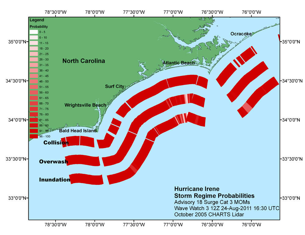 Map of the North Carolina coast with three bands of red, pink, and white segments along the coast with danger probabilities