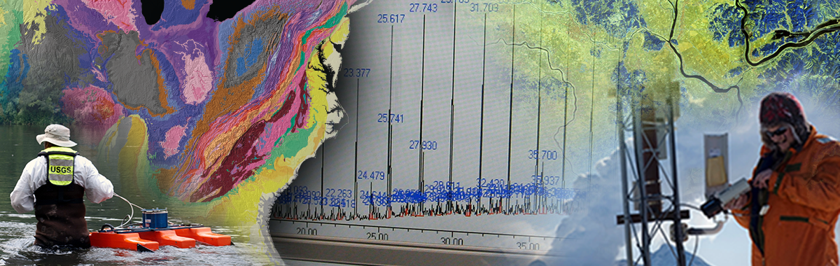 Collage of water data collection, volcano data collection, geologic map, earthquake data, and Landsat imagery.