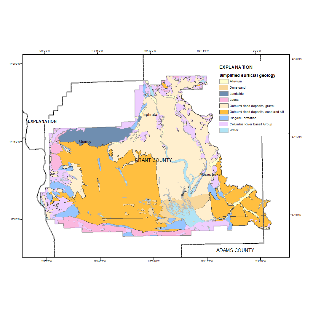 Simplified surficial geology of the Quincy Groundwater Subarea, Washington