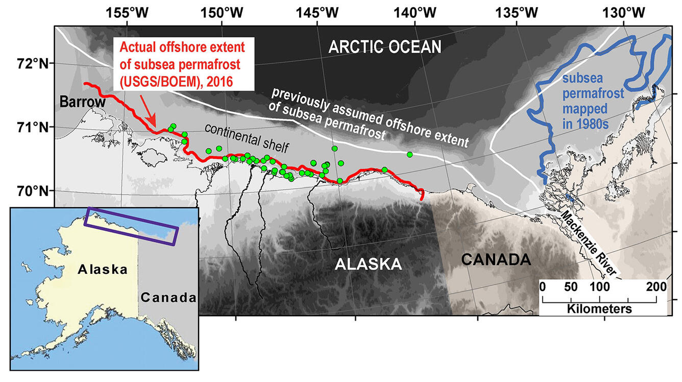 Map of subsea permafrost. Inset map shows location in Alaska and Canada. Map's red line shows actual permafrost extent