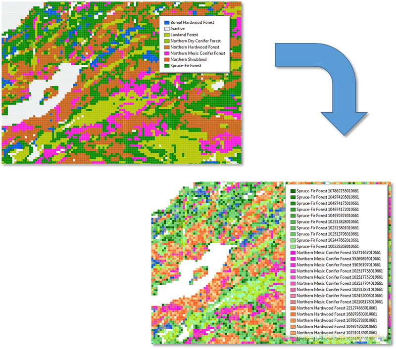 Raster zones used as input to the Random Landscape Tool. Output classification is symbolized as a concatenation of zone and samp
