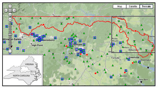 Image of real-time data map sites for NC portion of Roanoke River watershed