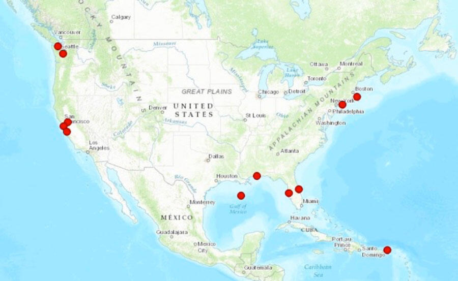 Map with green land, blue water, and red dots showing locations of recent fieldwork