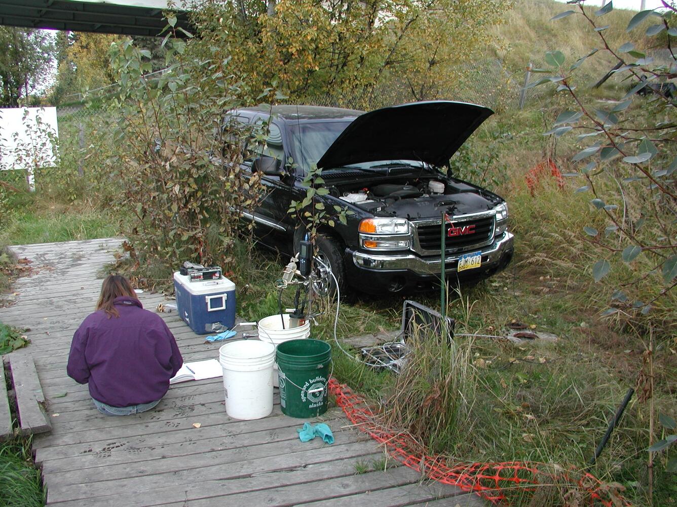 USGS scientists collecting data to assess the sustainability of the natural attenuation of a chlorinated-solvents plume