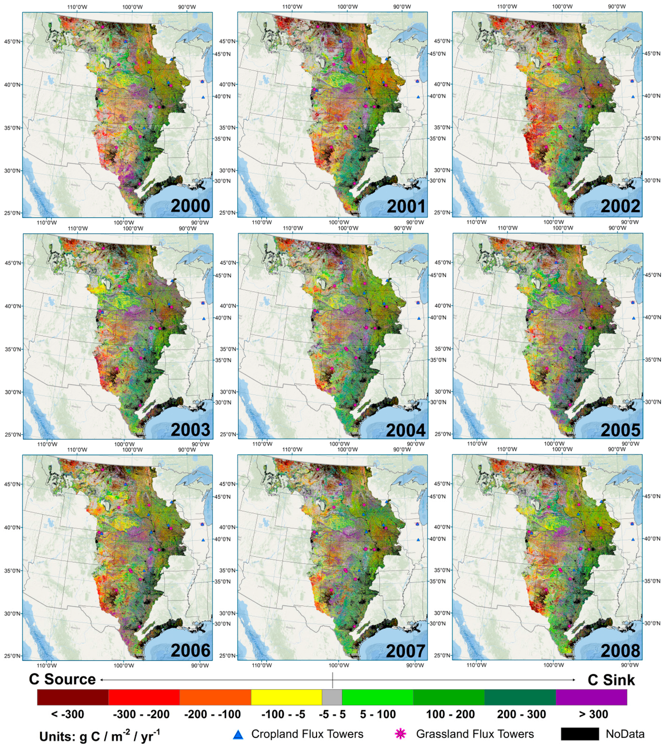 Cumulative annual NEP of the U.S. Great Plains for 2000–2008