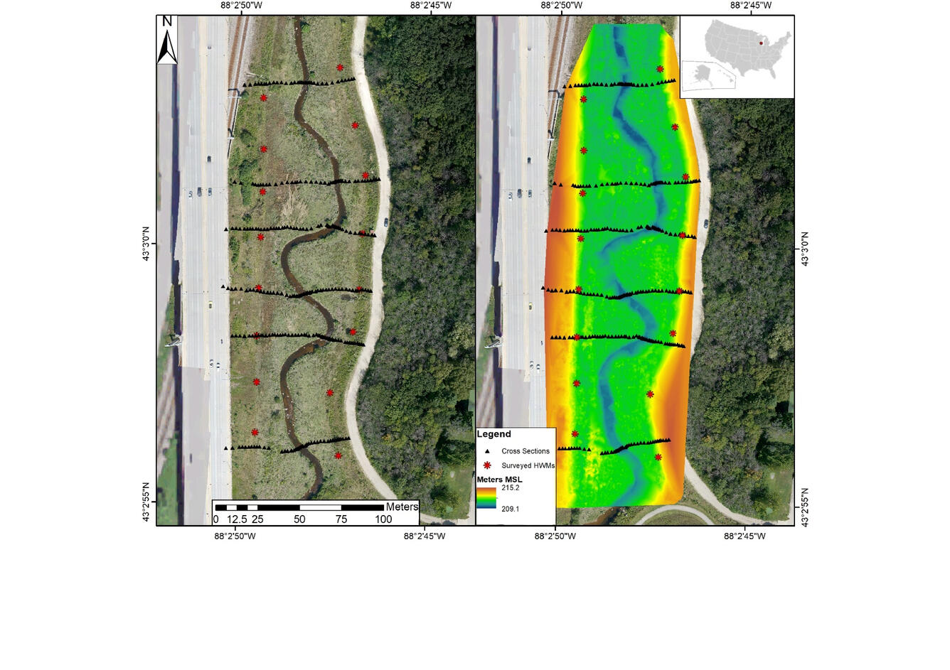 High-water marks and cross-sectional terrain data at Underwood Creek, Wisconsin