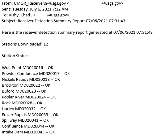 An example of an automated email sent to field biologists indicating that a subset of telemetry receiver stations