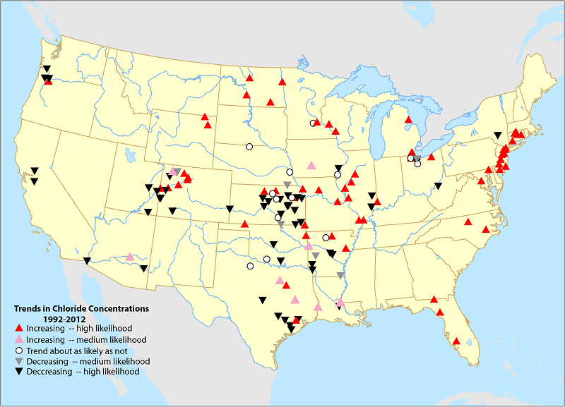 Map of Chloride changes in U.S. rivers