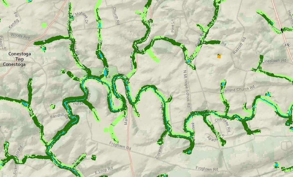 Sample map showing riparian forest buffer restoration opportunities.